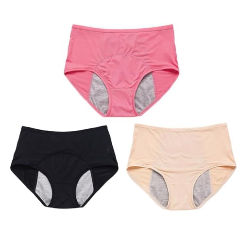 LIUZHIPENG 3er-Pack auslaufsichere Perioden-Unterwäsche, Baumwoll-Stretch, mittlere Taille, auslaufsichere Höschen für über 60#s Inkontinenz, Schwarz + Haut + Pink, 54 von LIUZHIPENG