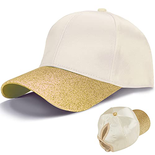 LIVACASA Baseball Damen Mesh Pferdeschwanz Baseball Cap Blingbling Hut Atmungsaktiv Sonnenhut Sonnenschutz Mädchen Kappe Schirmmütze Einheitsgröße Kopfumfang Glitzer Champagner von LIVACASA