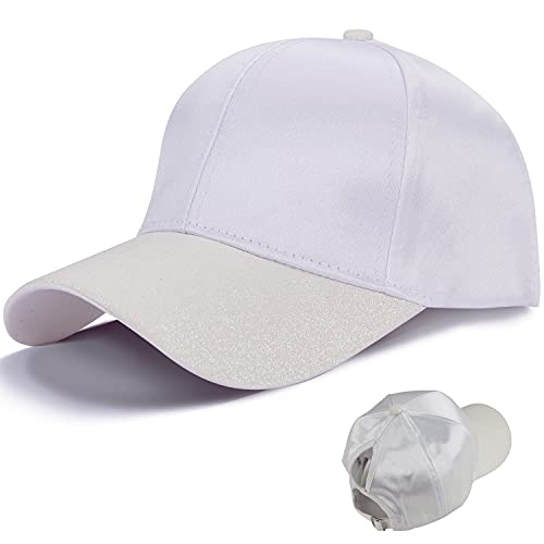 LIVACASA Baseball Damen Mesh Pferdeschwanz Baseball Cap Blingbling Hut Atmungsaktiv Sonnenhut Sonnenschutz Mädchen Kappe Schirmmütze Einheitsgröße Kopfumfang Glitzer Weiß von LIVACASA