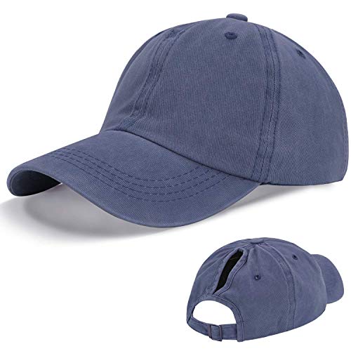 LIVACASA Baseball Damen Pferdeschwanz Baseball Cap Waschbar Hut Atmungsaktiv Cappi Sonnenhut Sonnenschutz Kappe Schirmmütze Einheitsgröße Cappy Baseballkappe Kopfumfang 52-61cm Vintage Dunkelblau von LIVACASA