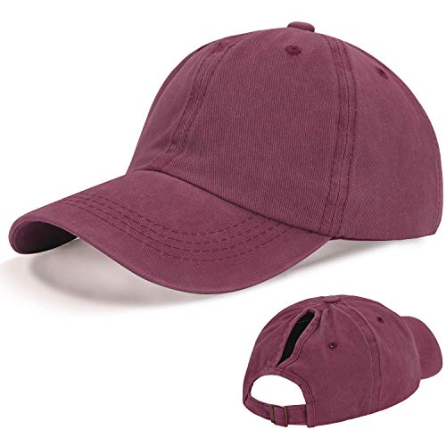 LIVACASA Baseball Damen Pferdeschwanz Baseball Cap Waschbar Hut Atmungsaktiv Cappi Sonnenhut Sonnenschutz Mädchen Kappe Schirmmütze Einheitsgröße Cappy Baseballkappe Kopfumfang 52-61cm Vintage Rot von LIVACASA