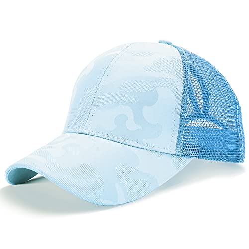 LIVACASA Basecap Damen Mesh Pferdeschwanz Baseball Cap Camouflage Hut Atmungsaktiv Sonnenhut Sonnenschutz Mädchen Kappe Schirmmütze Einheitsgröße Baseballkappe für Sport Reise Camouflage Blau von LIVACASA