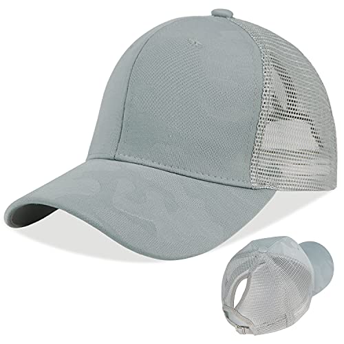 LIVACASA Basecap Damen Mesh Pferdeschwanz Baseball Cap Camouflage Hut Atmungsaktiv Sonnenhut Sonnenschutz Mädchen Kappe Schirmmütze Einheitsgröße Baseballkappe für Sport Reise Camouflage Grau von LIVACASA