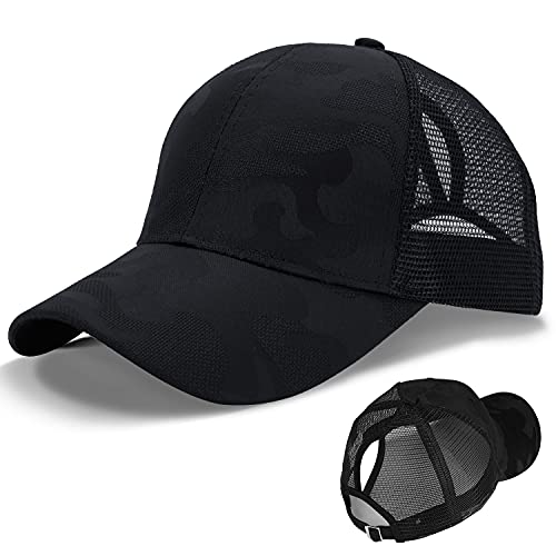 LIVACASA Basecap Damen Mesh Pferdeschwanz Baseball Cap Camouflage Hut Atmungsaktiv Sonnenhut Sonnenschutz Mädchen Kappe Schirmmütze Einheitsgröße Baseballkappe für Sport Reise Camouflage Schwarz von LIVACASA