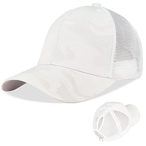 LIVACASA Basecap Damen Mesh Pferdeschwanz Baseball Cap Camouflage Hut Atmungsaktiv Sonnenhut Sonnenschutz Mädchen Kappe Schirmmütze Einheitsgröße Baseballkappe für Sport Reise Camouflage Weiß von LIVACASA