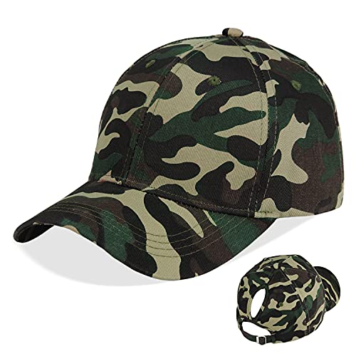 LIVACASA Basecap Damen Pferdeschwanz Baseball Cap Waschbar Hut Atmungsaktiv Cappi Sonnenhut Sonnenschutz Mädchen Kappe Schirmmütze Einheitsgröße Cappy Baseballkappe Kopfumfang Camouflage-A von LIVACASA