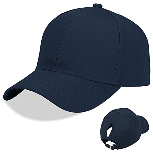 LIVACASA Basecap Damen Pferdeschwanz Baseball Cap Waschbar Hut Atmungsaktiv Cappi Sonnenhut Sonnenschutz Mädchen Kappe Schirmmütze Einheitsgröße Cappy Baseballkappe Kopfumfang Dunkelblau von LIVACASA