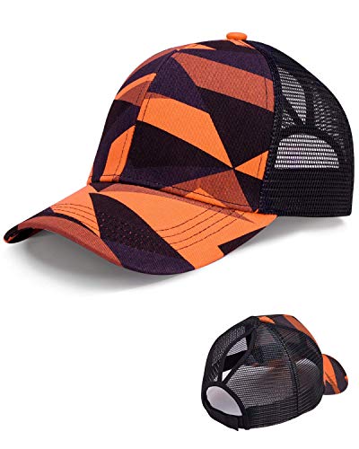 LIVACASA Basecap Damen Pferdeschwanz Mesh Baseball Cap Waschbar Hut Atmungsaktiv Cappi Sonnenhut Sonnenschutz Mädchen Kappe Schirmmütze Einheitsgröße Cappy Baseballkappe (Orange+Schwarz, One Size) von LIVACASA