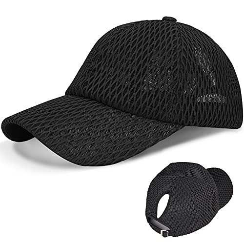 LIVACASA Basecap Damen Pferdeschwanz Mesh Baseball Cap Waschbar Hut Atmungsaktiv Cappi Sonnenhut Sonnenschutz Mädchen Kappe Schirmmütze Einheitsgröße Cappy Baseballkappe Kopfumfang 52-61cm Schwarz von LIVACASA