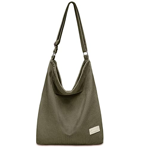 LIVACASA Cord Tasche Groß Umhängetasche Damen Kord mit Reißverschluss Handtasche Shopper Damen Mädchen Tote Bag für Einkauf Alltag Olive von LIVACASA
