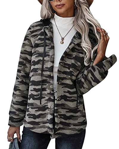 LIVACASA Fleecejacke Damen Sweatjacke Teddyfleece Plüschjacke Lässig Outwear Mädchen Mantel Plüsch Sweatshirt Jacke Herbstmantel Plüschmantel Fleecemantel Grau Kariert L von LIVACASA