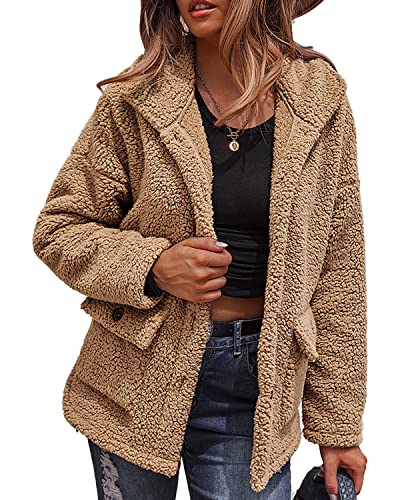 LIVACASA Fleecejacke Damen Sweatjacke Teddyfleece Plüschjacke Lässig Outwear Mädchen Mantel Plüsch Sweatshirt Jacke Herbstmantel Plüschmantel Fleecemantel Khaki S von LIVACASA