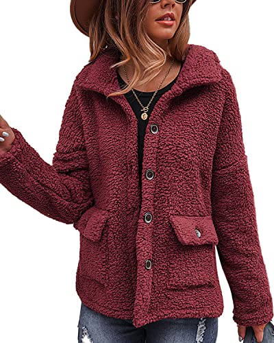 LIVACASA Fleecejacke Damen Sweatjacke Teddyfleece Plüschjacke Lässig Outwear Mädchen Mantel Plüsch Sweatshirt Jacke Herbstmantel Plüschmantel Fleecemantel Rot L von LIVACASA