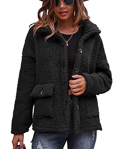 LIVACASA Fleecejacke Damen Sweatjacke Teddyfleece Plüschjacke Lässig Outwear Mädchen Mantel Plüsch Sweatshirt Jacke Herbstmantel Plüschmantel Fleecemantel Schwarz C M von LIVACASA