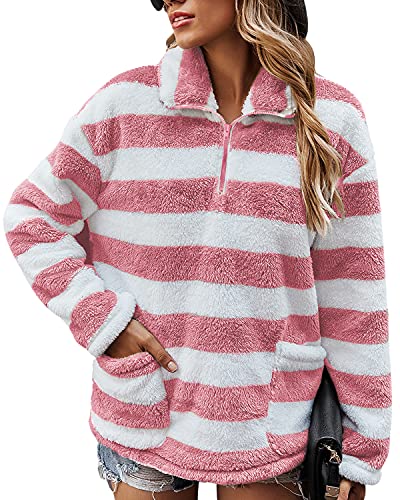 LIVACASA Hoodie Damen Fleece Sweatshirt Winter Warm Pullover Weich Mädchen Oversized Teddy Fleece Pullover Plüsch Flauschig Pulli Winterpullover Sweater Langarm Pulli mit 2 Tasche Streifen Rosa S von LIVACASA