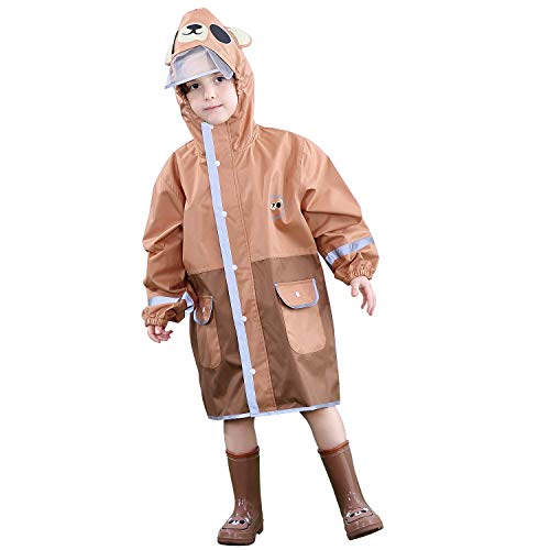 LIVACASA Regenmantel Kinder Leicht Regenponcho Unisex Wasserdicht Regenjacke Atmungsaktiv mit Tasche Outdoor Regen Overall Reflektoren mit Kapuze für Jungen Mädchen Braun Bär M von LIVACASA