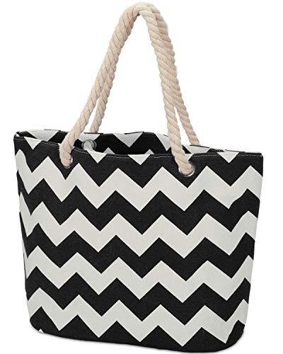 LIVACASA Strandtasche Groß, Strandtasche Damen, Strandtasche XXL Canvas Mit Reißverschluss Beach Bag Badetasche Familie Schultertasche Shopper Welle Schwarz von LIVACASA