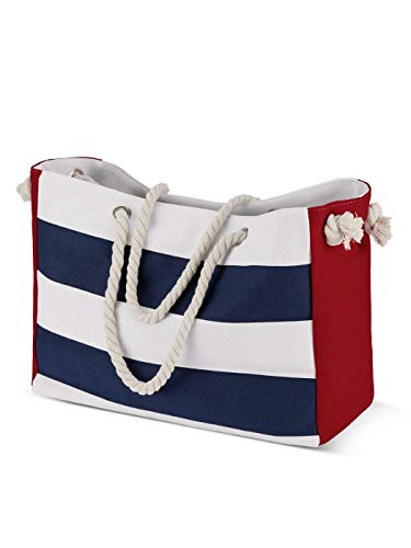 LIVACASA Strandtasche Groß Beach Bag Damen, Strandtasche Familie Canvas Mit Reißverschluss Strandtasche XXL Badetasche Schultertasche Shopper Blau von LIVACASA