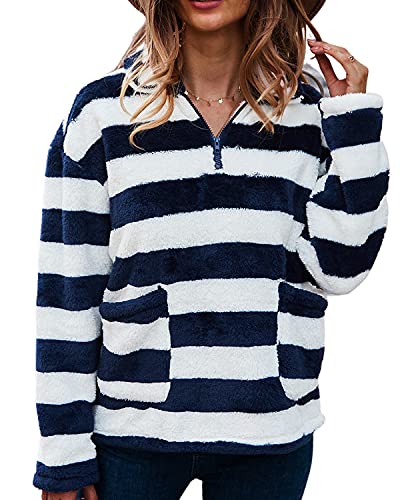 LIVACASA Sweatshirt Damen Winter Warm Hoodie Oversized Weich Mädchen Teddy Fleece Pullover Flauschig Winterpullover Sweater Langarm Pulli mit große Tasche Streifen Blau S von LIVACASA