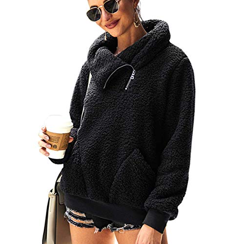 LIVACASA Sweatshirt Damen Winter Warm Hoodie Weich Mädchen Oversized Teddy Fleece Pullover Flauschig Winterpullover Sweater Langarm Pulli mit 2 Tasche Schwarz S von LIVACASA