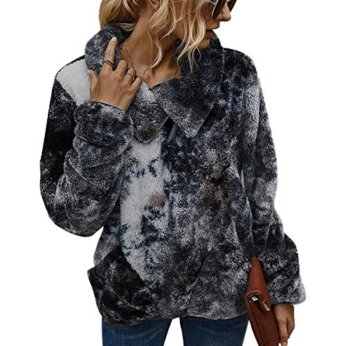 LIVACASA Sweatshirt Damen Winter Warm Hoodie Weich Mädchen Oversized Teddy Fleece Pullover Flauschig Winterpullover Sweater Langarm Pulli mit 2 Tasche Tiedye Grau XL von LIVACASA