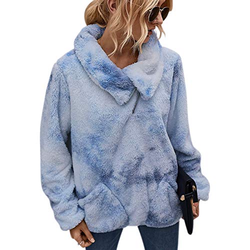 LIVACASA Sweatshirt Damen Winter Warm Hoodie Weich Mädchen Oversized Teddy Fleece Pullover Flauschig Winterpullover Sweater Langarm Pulli mit 2 Tasche Tiedye Hellblau M von LIVACASA