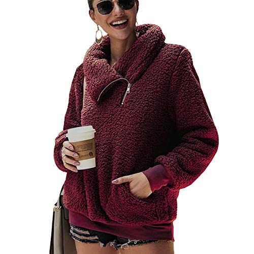 LIVACASA Sweatshirt Damen Winter Warm Hoodie Weich Mädchen Oversized Teddy Fleece Pullover Flauschig Winterpullover Sweater Langarm Pulli mit 2 Tasche Weinrot L von LIVACASA