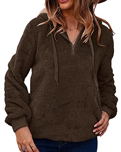 LIVACASA Sweatshirt Damen Winter Warm Hoodie Weich Mädchen Oversized Teddy Fleece Pullover Mit Kaputze Flauschig Winterpullover Sweater Langarm Pulli mit 2 Tasche Braun L von LIVACASA