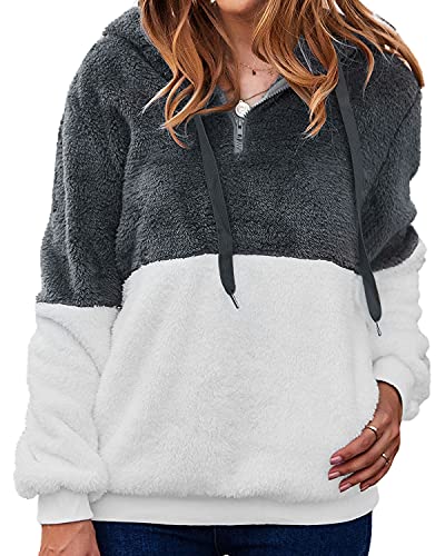 LIVACASA Sweatshirt Damen Winter Warm Hoodie Weich Mädchen Oversized Teddy Fleece Pullover Mit Kaputze Flauschig Winterpullover Sweater Langarm Pulli mit 2 Tasche Gespleißt Grau L von LIVACASA