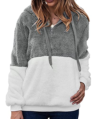 LIVACASA Sweatshirt Damen Winter Warm Hoodie Weich Mädchen Oversized Teddy Fleece Pullover Mit Kaputze Flauschig Winterpullover Sweater Langarm Pulli mit 2 Tasche Gespleißt Hellgrau XL von LIVACASA