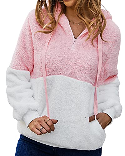 LIVACASA Sweatshirt Damen Winter Warm Hoodie Weich Mädchen Oversized Teddy Fleece Pullover Mit Kaputze Flauschig Winterpullover Sweater Langarm Pulli mit 2 Tasche Gespleißt Rosa S von LIVACASA