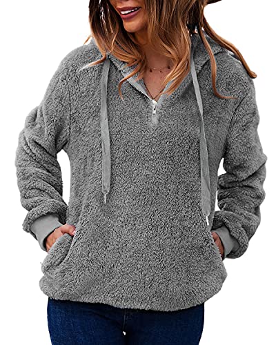 LIVACASA Sweatshirt Damen Winter Warm Hoodie Weich Mädchen Oversized Teddy Fleece Pullover Mit Kaputze Flauschig Winterpullover Sweater Langarm Pulli mit 2 Tasche Helgrau L von LIVACASA