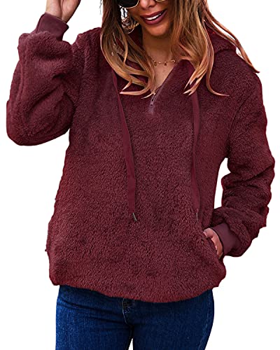 LIVACASA Sweatshirt Damen Winter Warm Hoodie Weich Mädchen Oversized Teddy Fleece Pullover Mit Kaputze Flauschig Winterpullover Sweater Langarm Pulli mit 2 Tasche Weinrot L von LIVACASA