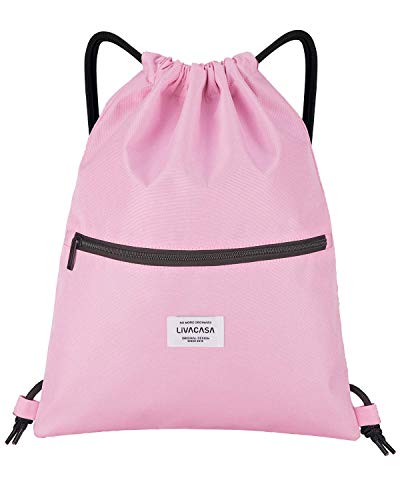 LIVACASA Turnbeutel Mit Reißverschluß Innentasche Sportbeutel Wasserdicht Hipster Beutel Seitentasche Gym Bag Gefüttert Rucksack Mit Verstellbar Tunnelzug Gymsack für Damen Herren (Rosa A, 42x33cm) von LIVACASA