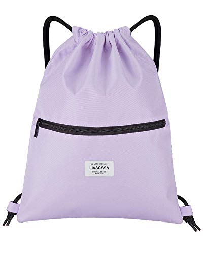 LIVACASA Turnbeutel Mit Reißverschluß Innentasche Sportbeutel Wasserdicht Hipster Beutel Seitentasche Gym Bag Gefüttert Rucksack Mit Verstellbar Tunnelzug Gymsack für Damen Herren (Violett, 42x33cm) von LIVACASA