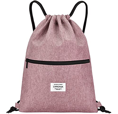 LIVACASA Turnbeutel Mit Reißverschluß Innentasche Sportbeutel Wasserdicht Hipster Beutel Seitentasche Gym Bag Gefüttert Rucksack Mit Verstellbar Tunnelzug Turnsack Gymsack für Damen Herren Kinder Rosa von LIVACASA