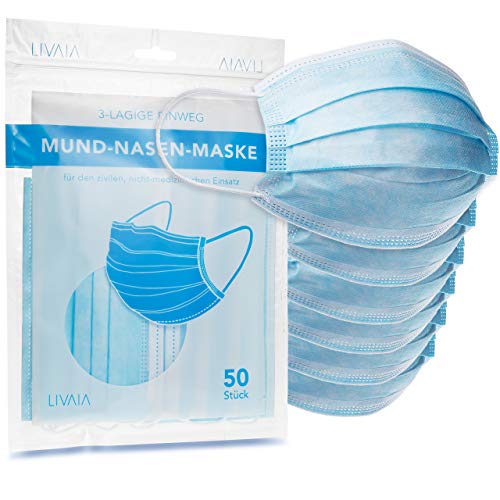 LIVAIA 50 Stück Mund-Nasen-Maske, 3lagig, blau, deutschsprachige Verpackung, 3-lagige Gesichtsmaske 50 Stück von LIVAIA