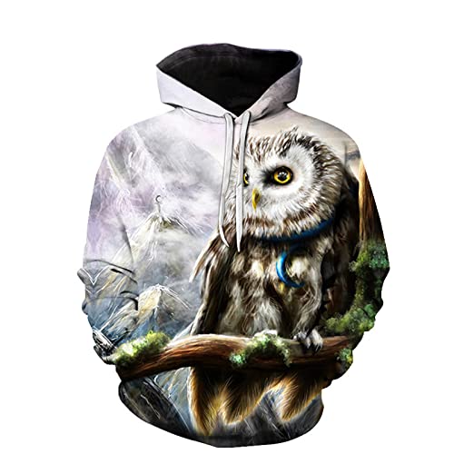 LIVBH Kapuzenpullover Herren Hoodie Jungen Mädchen Hoodies 3D Unisex Bedruckte Pullover mit Kapuze Sweatshirts mit großer Tasche für Kinder,Eule-2,XL von LIVBH