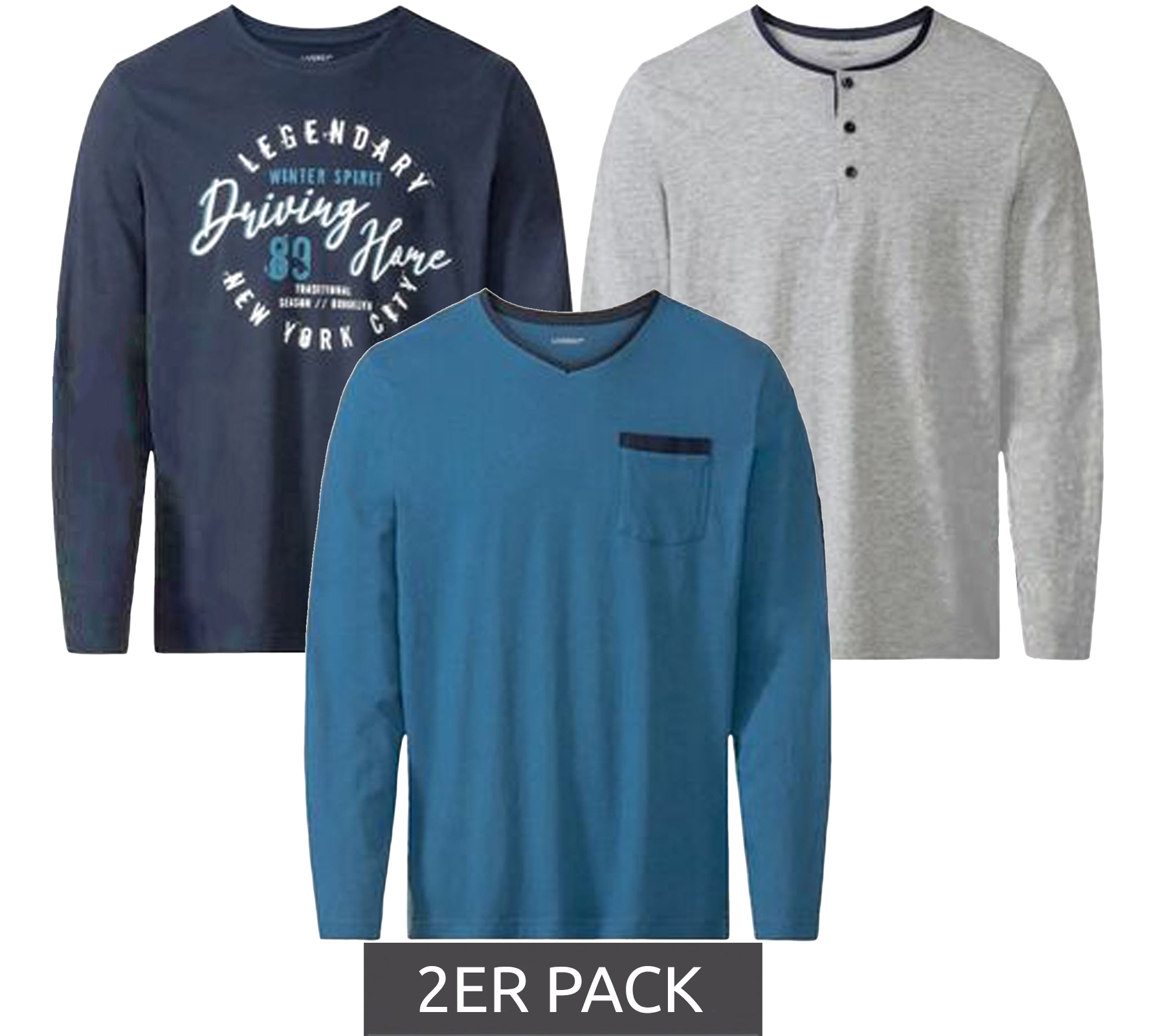 2er Sparpack LIVERGY Herren Pyjama Top Nachtwäsche Oberteil Schlaf-Shirt 390208-2201 Blau, Navy oder Grau von LIVERGY