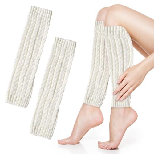 LIVESTN Damen Mädchen Winter Beinwärmer Stulpen Overknee Gestrickte Strümpfe Kniestrümpfe Winter Lange Strick Beinstulpen Oberschenkelsocken für Tanzen, Sport, Yoga (Weiß) von LIVESTN