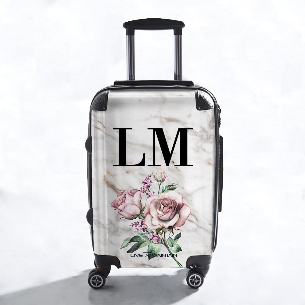 Personalisierter Blumen Rose X Marmor Initialen Koffer | Individuelles Gepäck |Reisen Personalisiertes von LIVExMAINTAINLTD