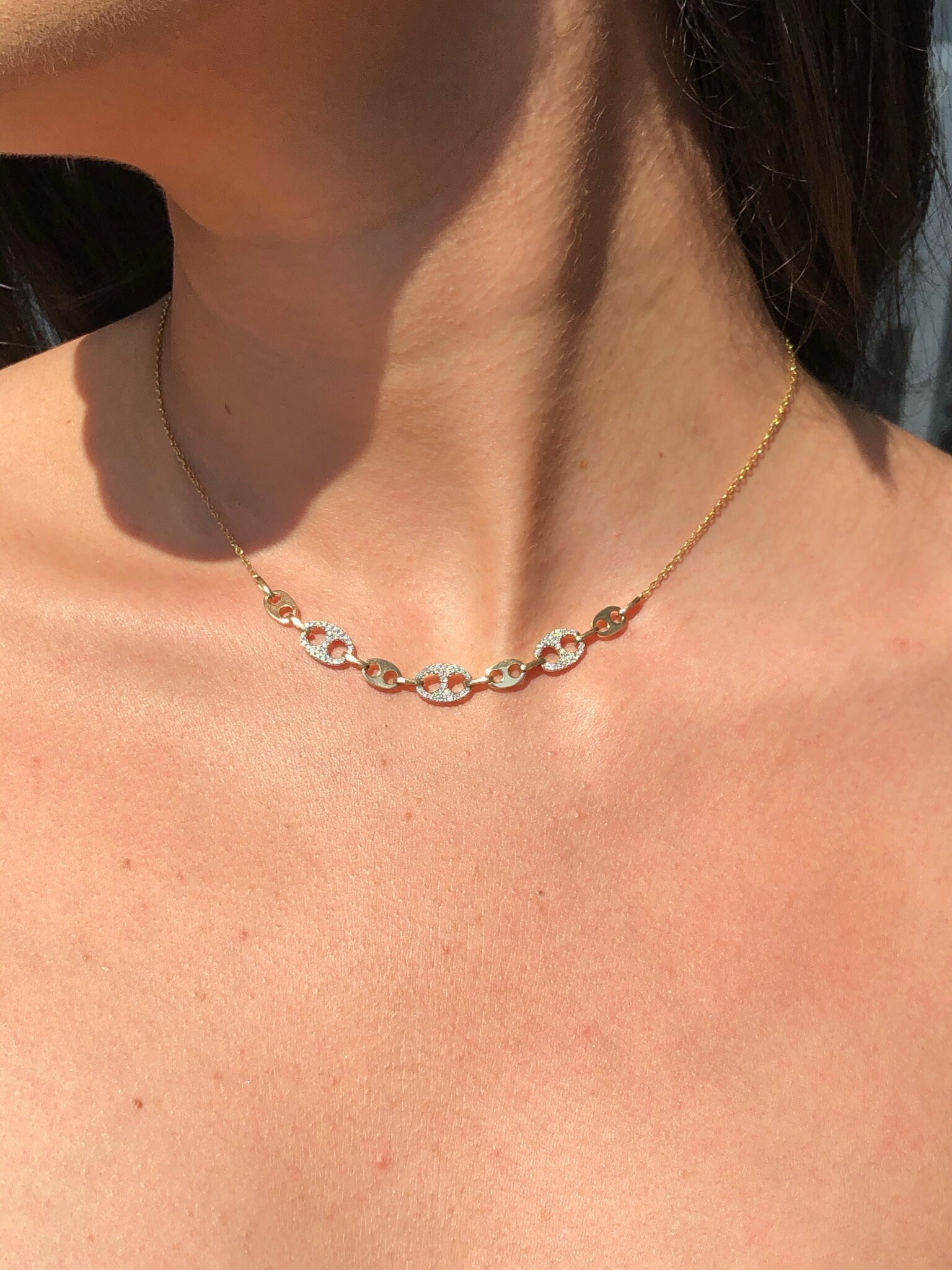 Liv 14K Gelbgold & Diamanten Pave Set Gucci Link Design Stack Layer Halskette Geschenk von LIVbyLIVjewelers