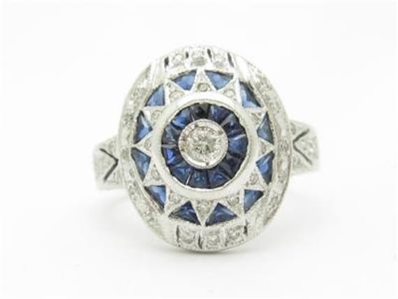 Liv 14Kt Weißgold Echter Diamant Blauer Saphir Vintage Design Art Deco Ring Geschenk von LIVbyLIVjewelers