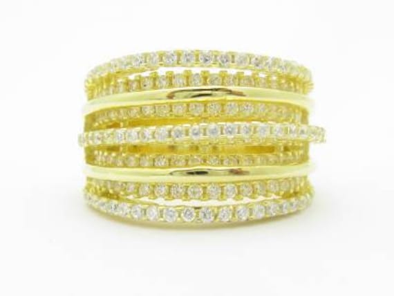 Liv Gelbgold Sterling Silber Diamant Set Pave Weißer Saphir Breitbandring von LIVbyLIVjewelers