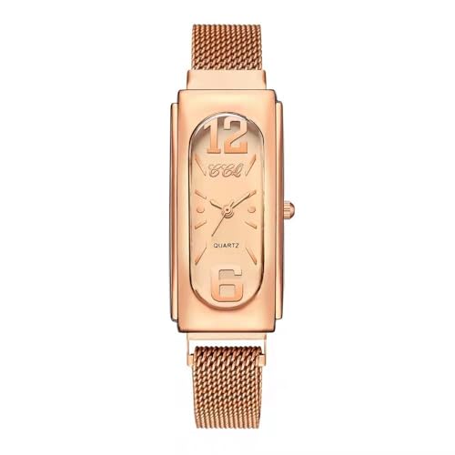 LIWEARE Damen Armbanduhr Elegant Analog Quarz Rosegold Rechteckig Mesh Armband Uhr, Magnet Clasp Mesh Band Wristwatches (Rose Gold) von LIWEARE