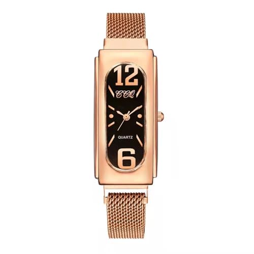 LIWEARE Damen Armbanduhr Elegant Analog Quarz Rosegold Rechteckig Mesh Armband Uhr, Magnet Clasp Mesh Band Wristwatches (Schwarz) von LIWEARE