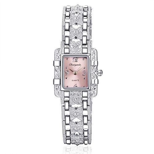 LIWEARE Frauen Uhr Rechteck Zifferblatt Silber Edelstahl Kristall Uhren Mode Quarz Damenuhren für Frauen Damen (Rosa) von LIWEARE