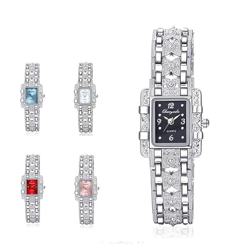 LIWEARE Frauen Uhr Rechteck Zifferblatt Silber Edelstahl Kristall Uhren Mode Quarz Damenuhren für Frauen Damen (Schwarz) von LIWEARE