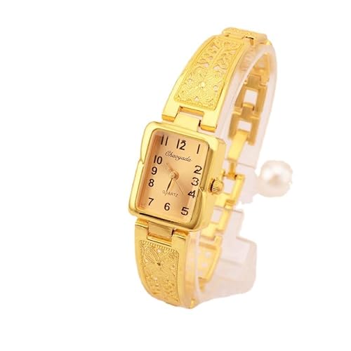 LIWEARE Frauen Vintage Luxus Uhr Elegante Quarz Mode Rechteck Zifferblatt Uhr geschnitzt Muster Armband Casual Armbanduhr (Goldene) von LIWEARE