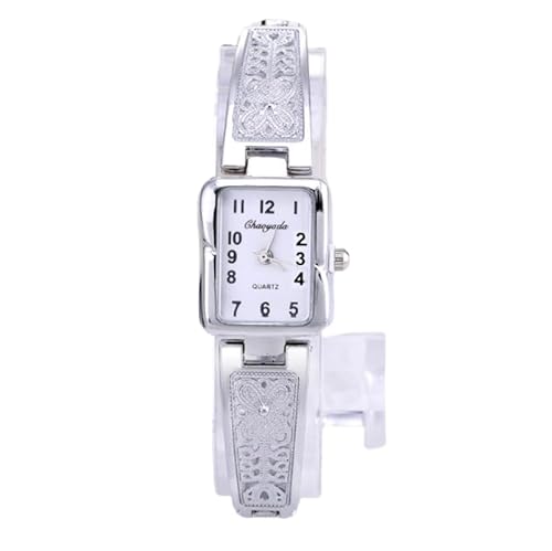 LIWEARE Frauen Vintage Luxus Uhr Elegante Quarz Mode Rechteck Zifferblatt Uhr geschnitzt Muster Armband Casual Armbanduhr (Silber) von LIWEARE